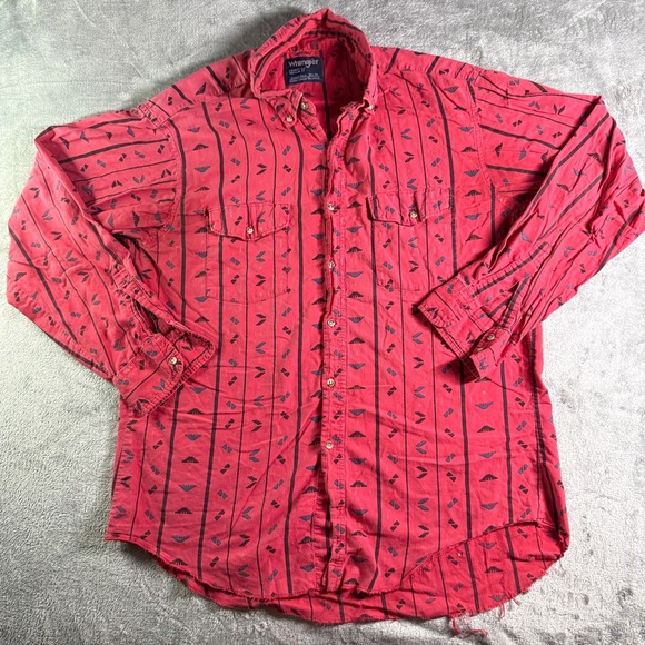 VTG Wrangler Xlong Tails Shirt Men 16.5-34 Red Southwestern Geometric Distressed - Picture 2 of 10